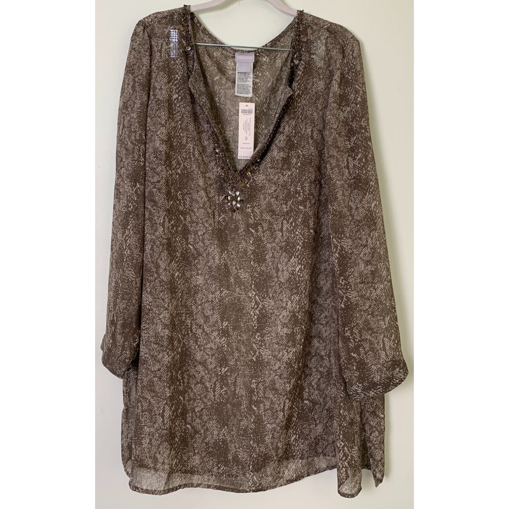 CHICO's | Printed Chiffon Split Neck Tunic Beaded Neck Chico's Sz 3